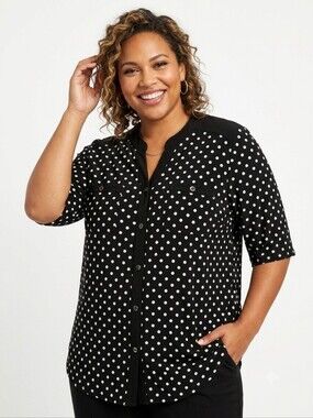 Elie McCarthy Black & White Polka Dot V-Neck Button-Up Blouse